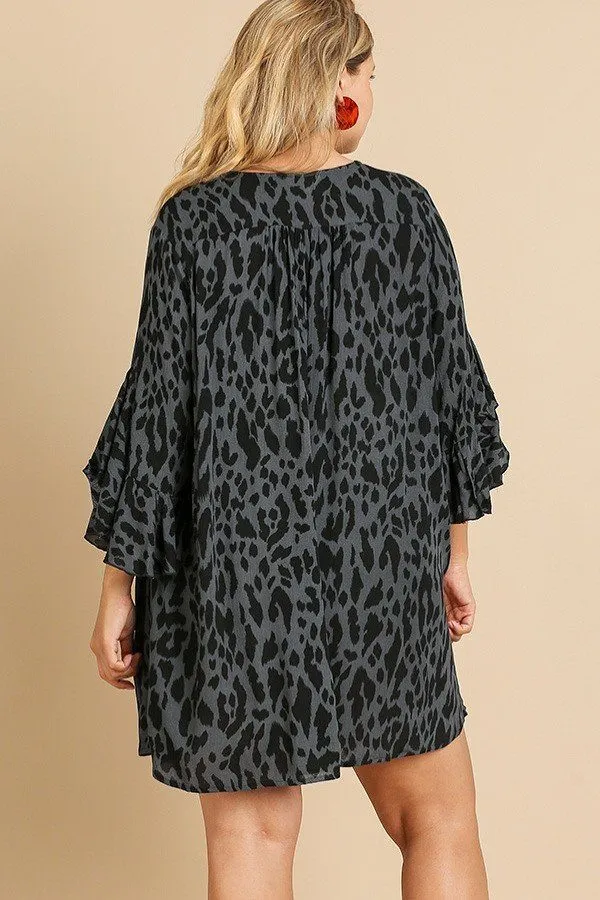 Animal Print Ruffle Split Sleeve Split Neck Dress