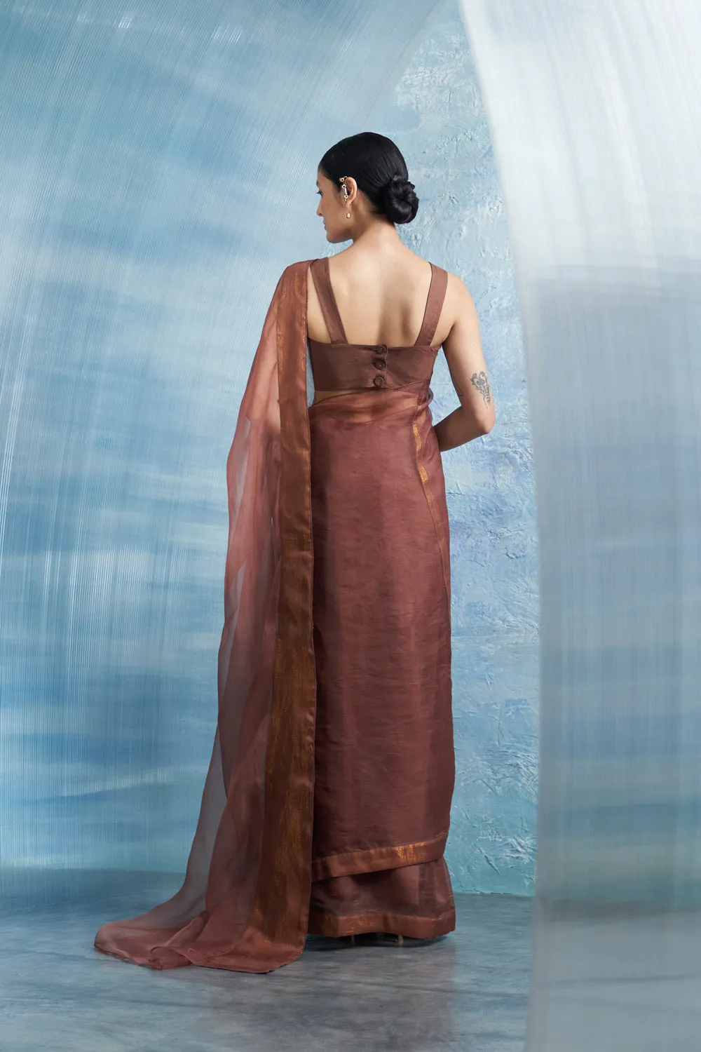 Aura Woody Brown Saree With Sleeveless Blouse