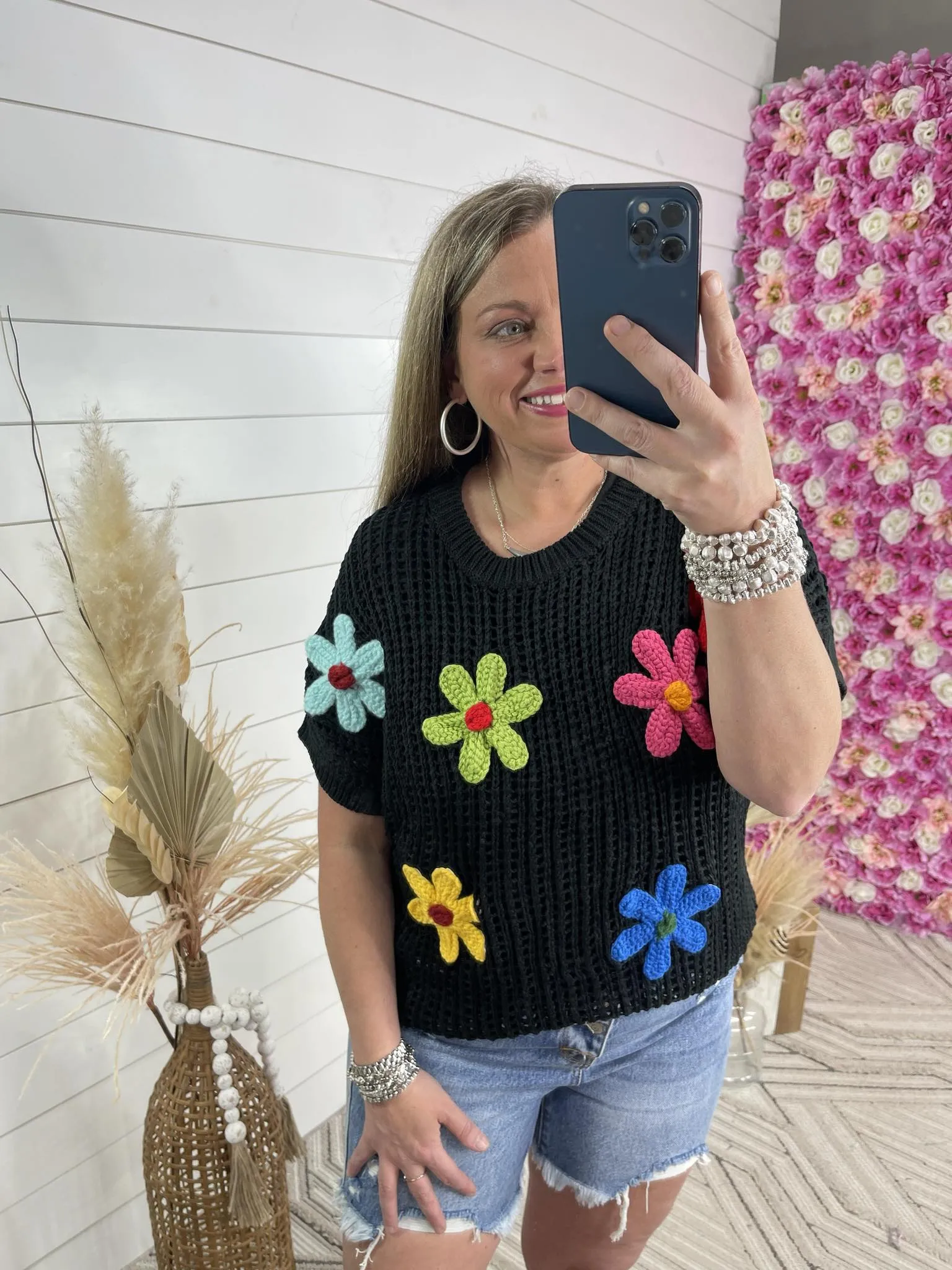 BLACK CROCHET TOP W/ BRIGHT FLORALS