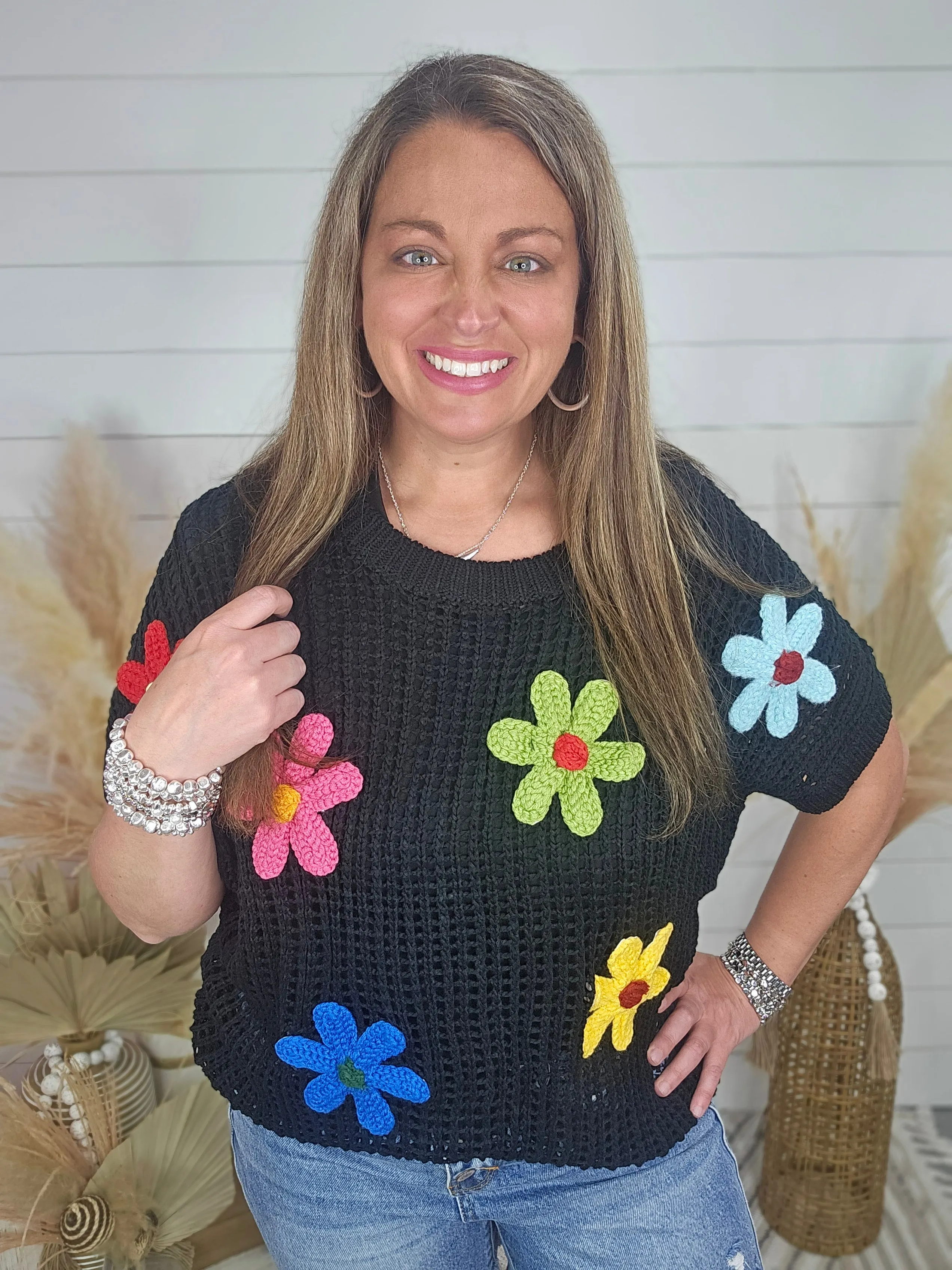 BLACK CROCHET TOP W/ BRIGHT FLORALS