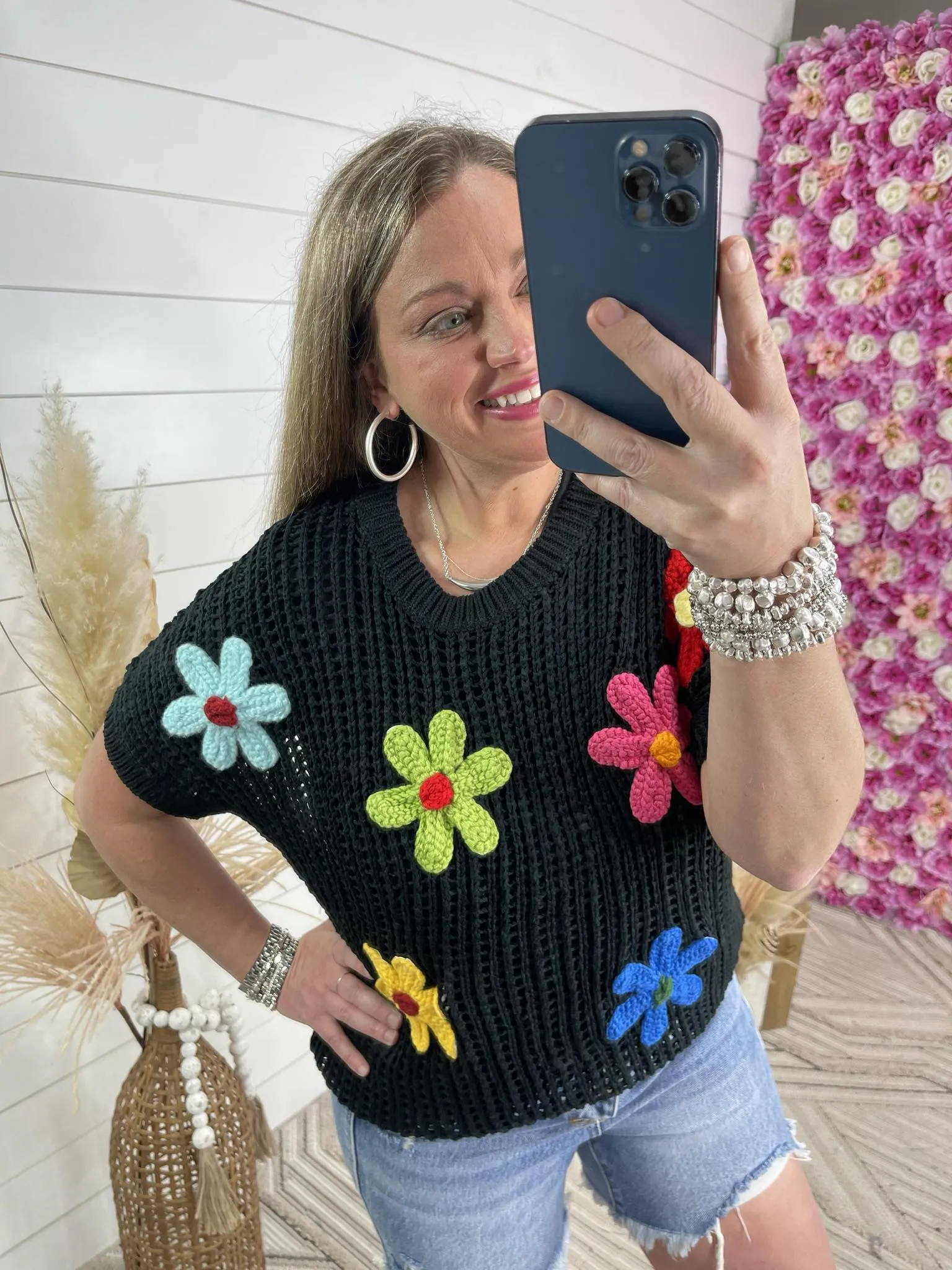 BLACK CROCHET TOP W/ BRIGHT FLORALS