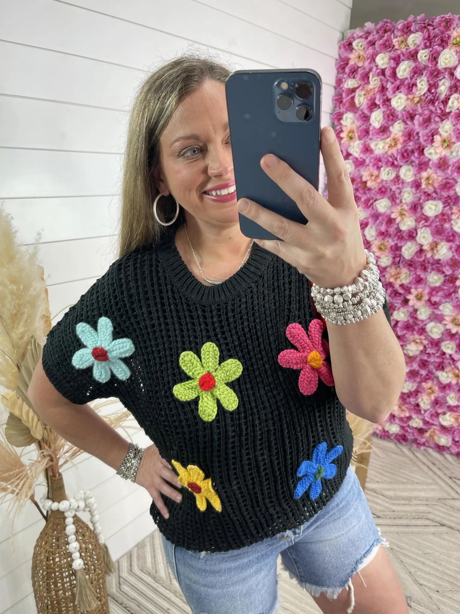 BLACK CROCHET TOP W/ BRIGHT FLORALS