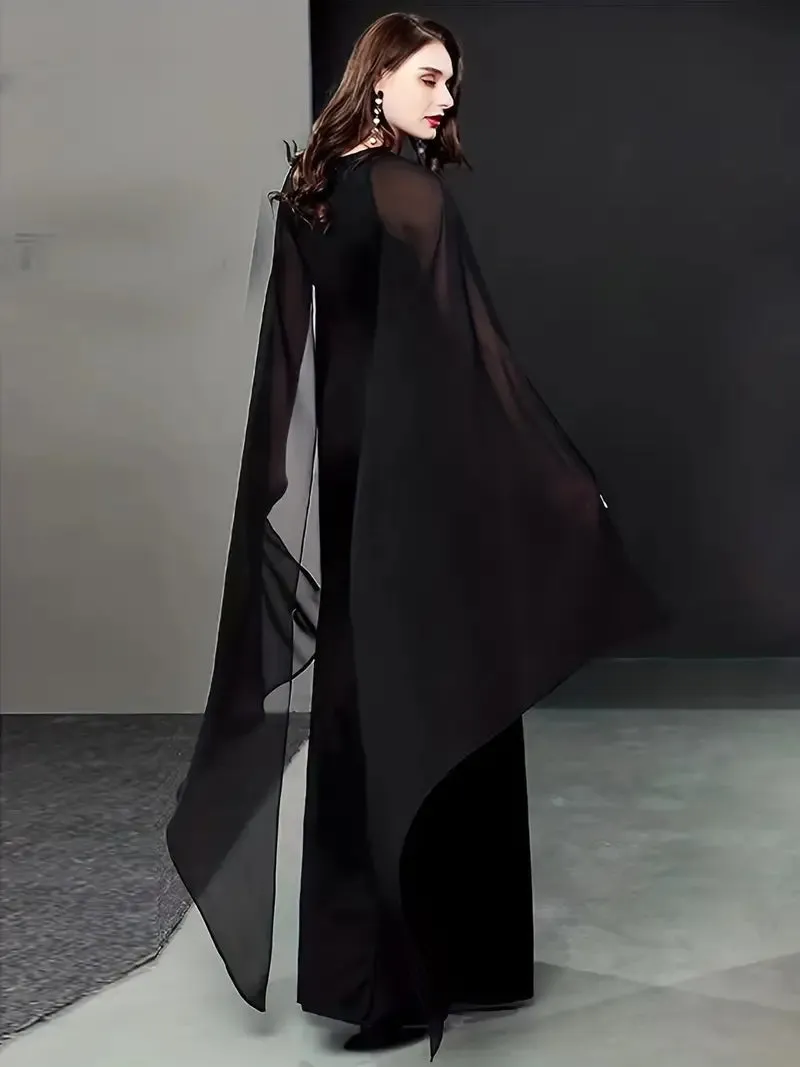 Black Long Sleeve Chiffon Maxi Evening Party Dress