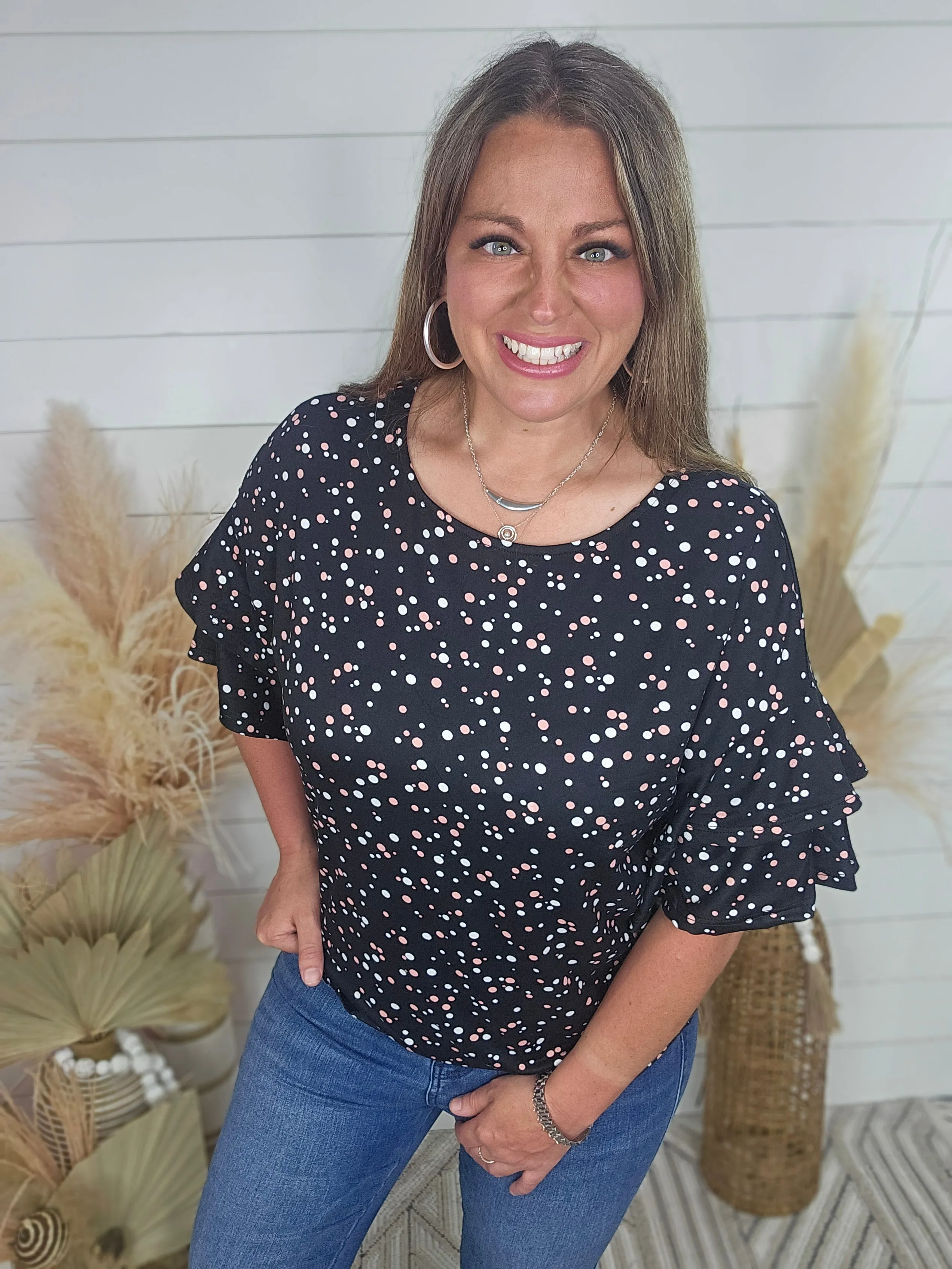 BLACK POLKADOT TOP W/ RUFFLE SLEEVE