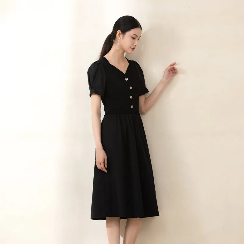 Black Waist Puff Sleeve V Neck Dresses