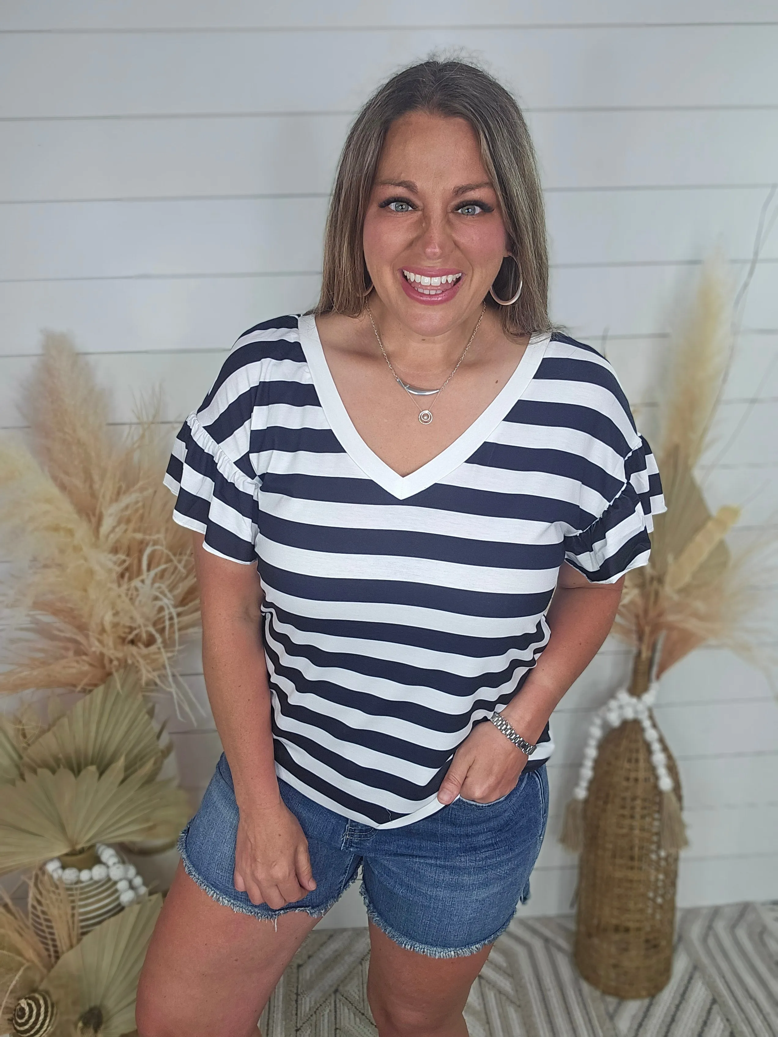 BLACK/WHITE STRIPED V NECK RUFFLE SLEEVE TOP