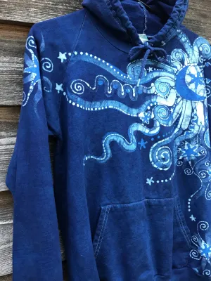 Blue Rain Moonpower Pullover Batik Hoodie - Handcrafted In Organic Cotton - Size Small ONLY