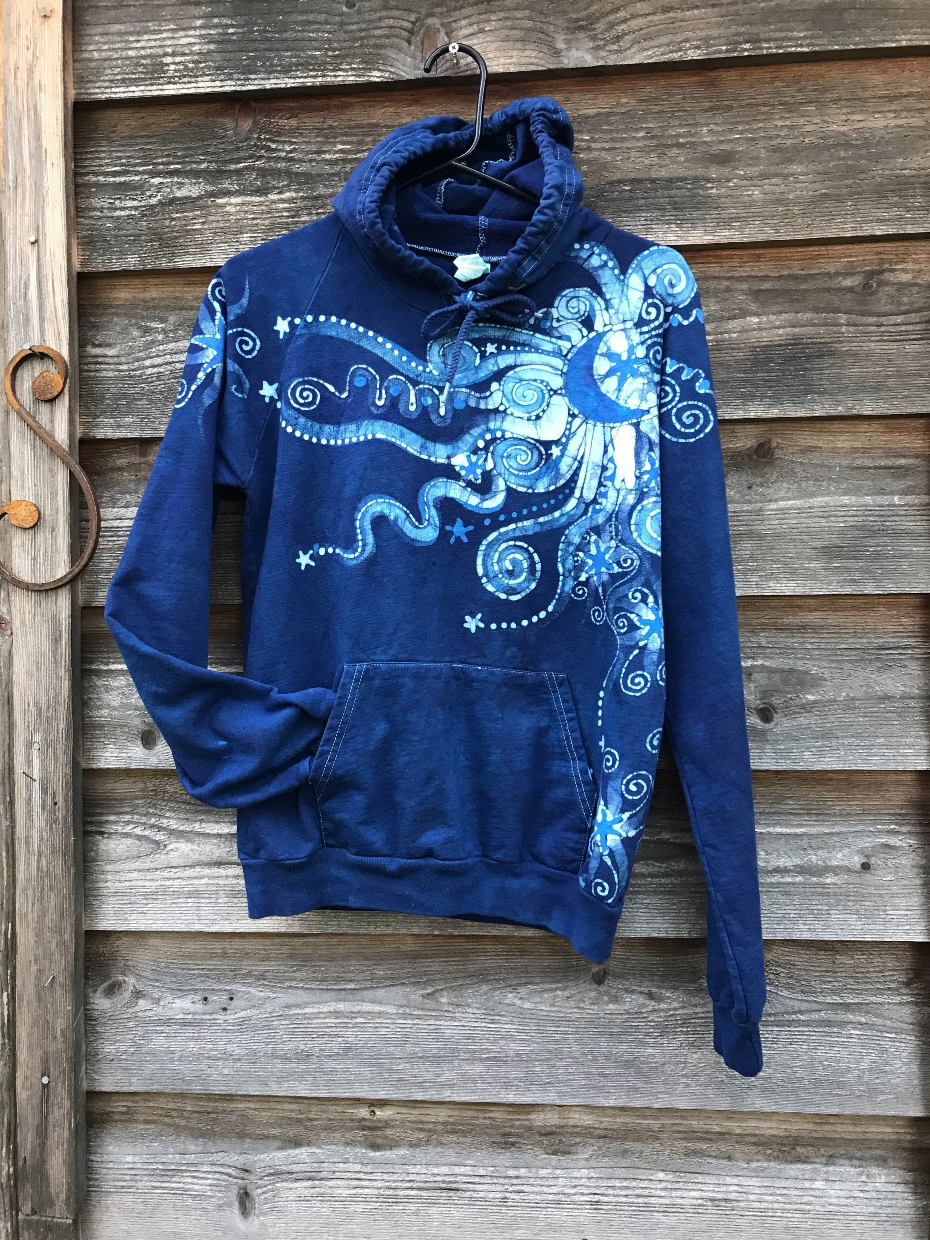 Blue Rain Moonpower Pullover Batik Hoodie - Handcrafted In Organic Cotton - Size Small ONLY