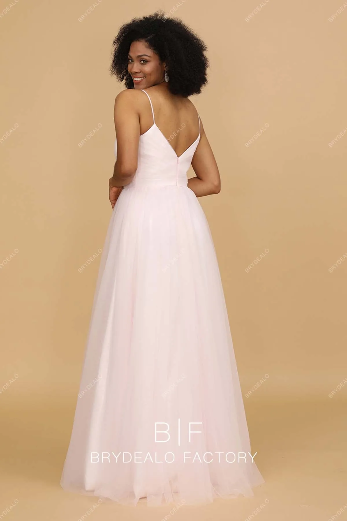 Blush Pink Spaghetti Strap Sweetheart Neck Tulle Bridesmaid Dress