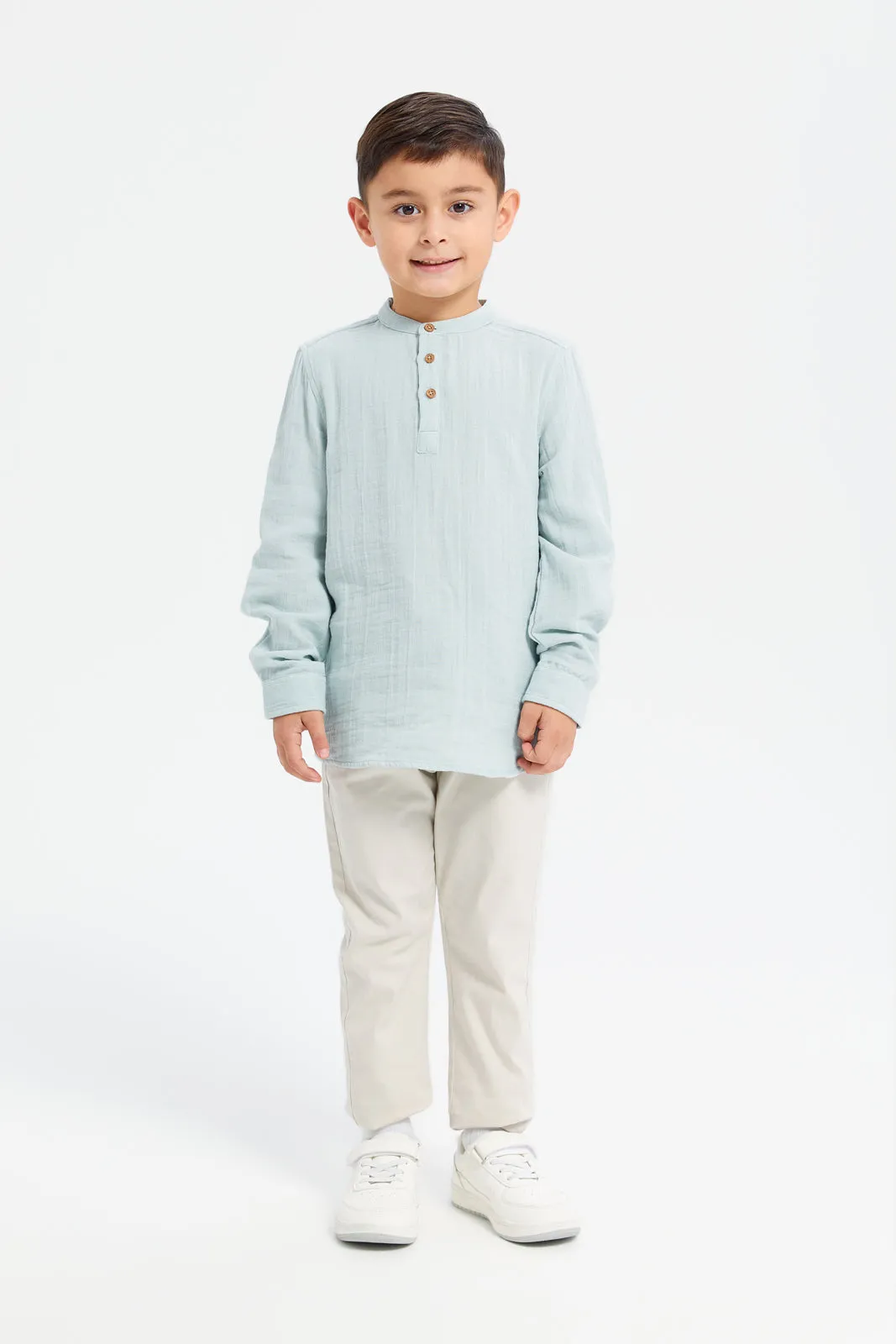 Boys Green Mandarin Collar Shirt