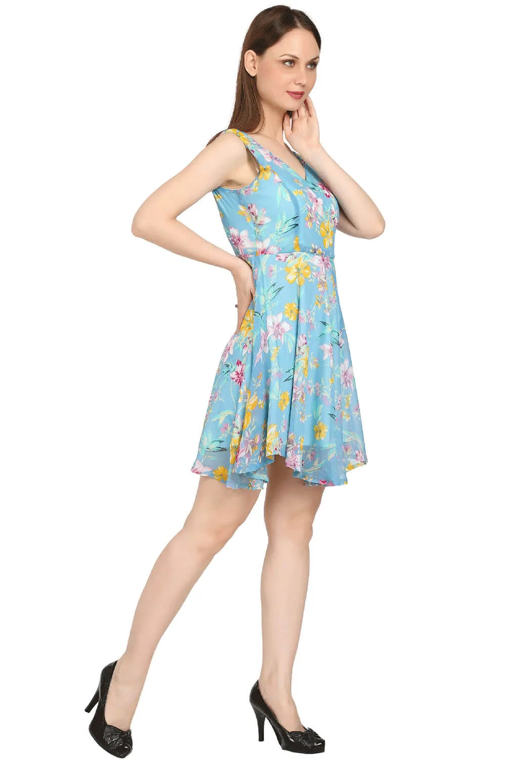 Celestial Petals Sky Blue Mini Dress