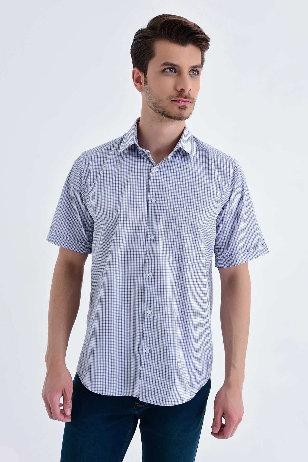 Classic Fit Short Sleeve Plaid Cotton Blend Navy Dress Shirt