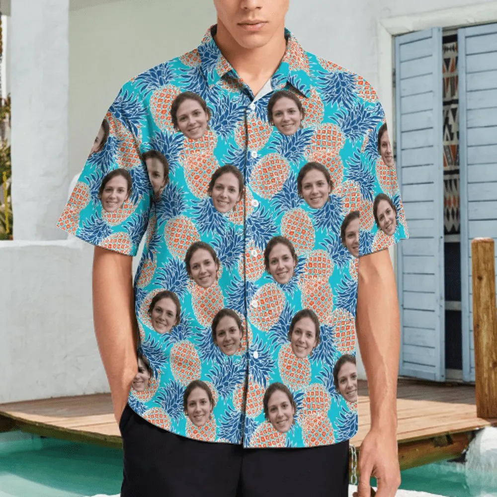 Couple Matching Shirt&Dress Custom Face Pineapples Shirt Men Front Pocket Beach Shortsleeve Pocket Hawaiian Shirt Boyfriend Gift For Him