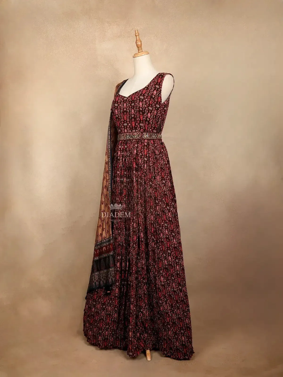 Dark Brown Gown with Indian Prints, Pleats and Dupatta