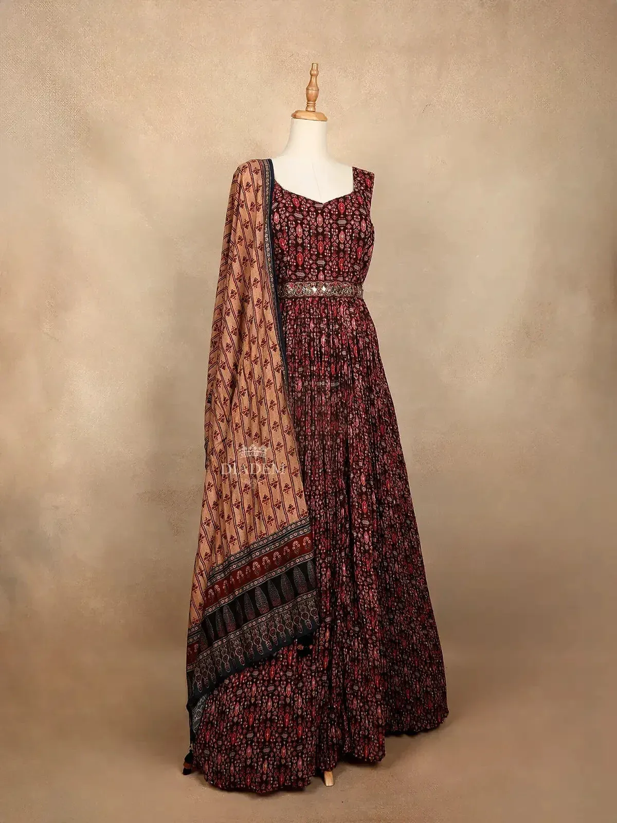 Dark Brown Gown with Indian Prints, Pleats and Dupatta