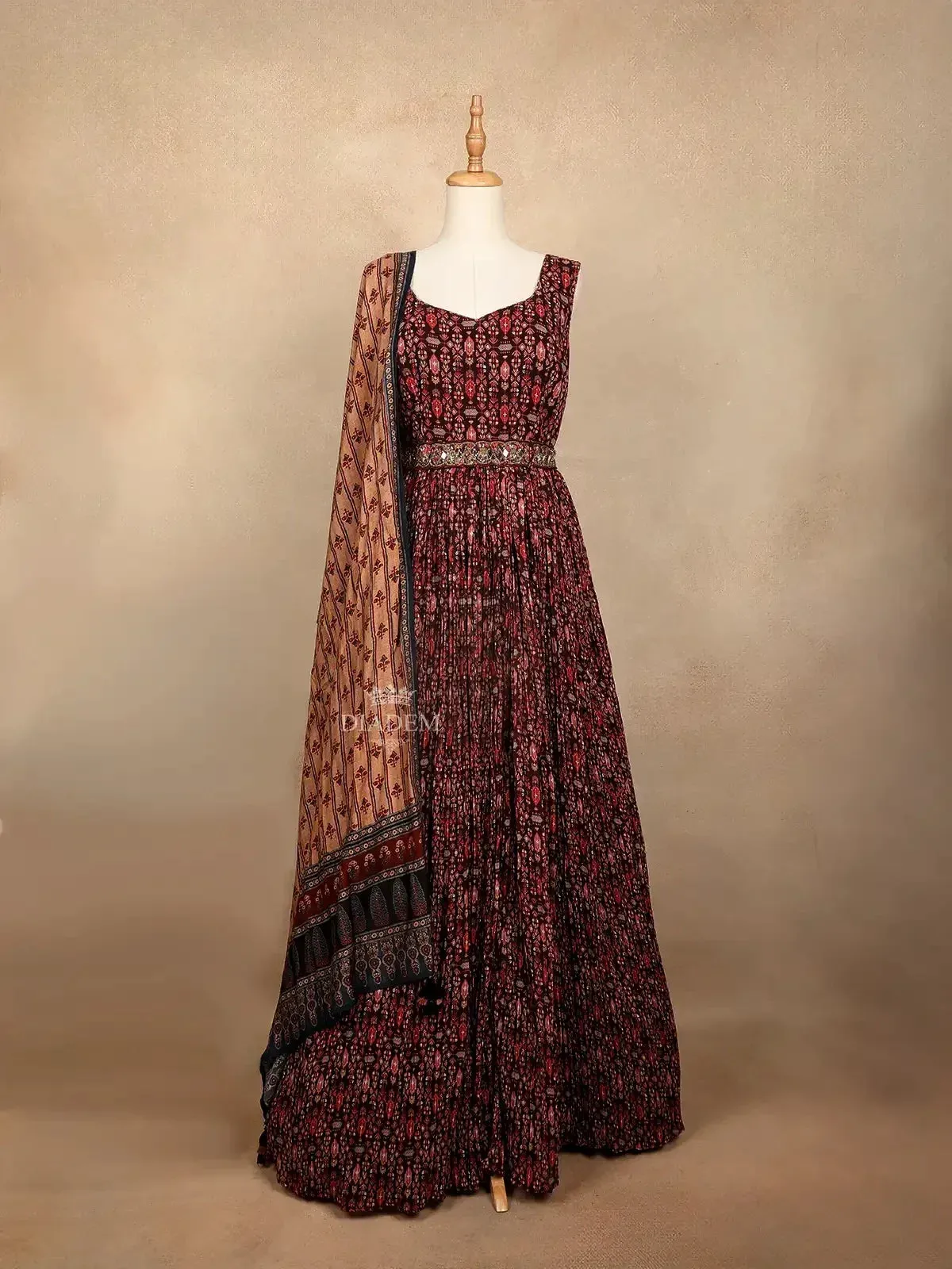 Dark Brown Gown with Indian Prints, Pleats and Dupatta