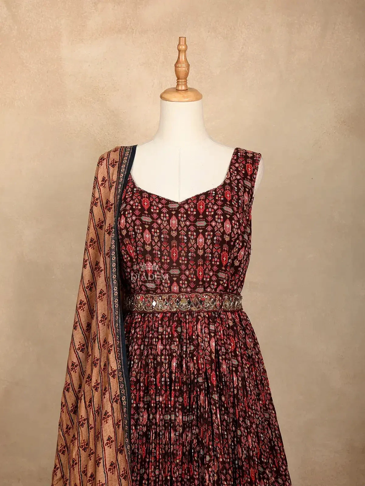 Dark Brown Gown with Indian Prints, Pleats and Dupatta