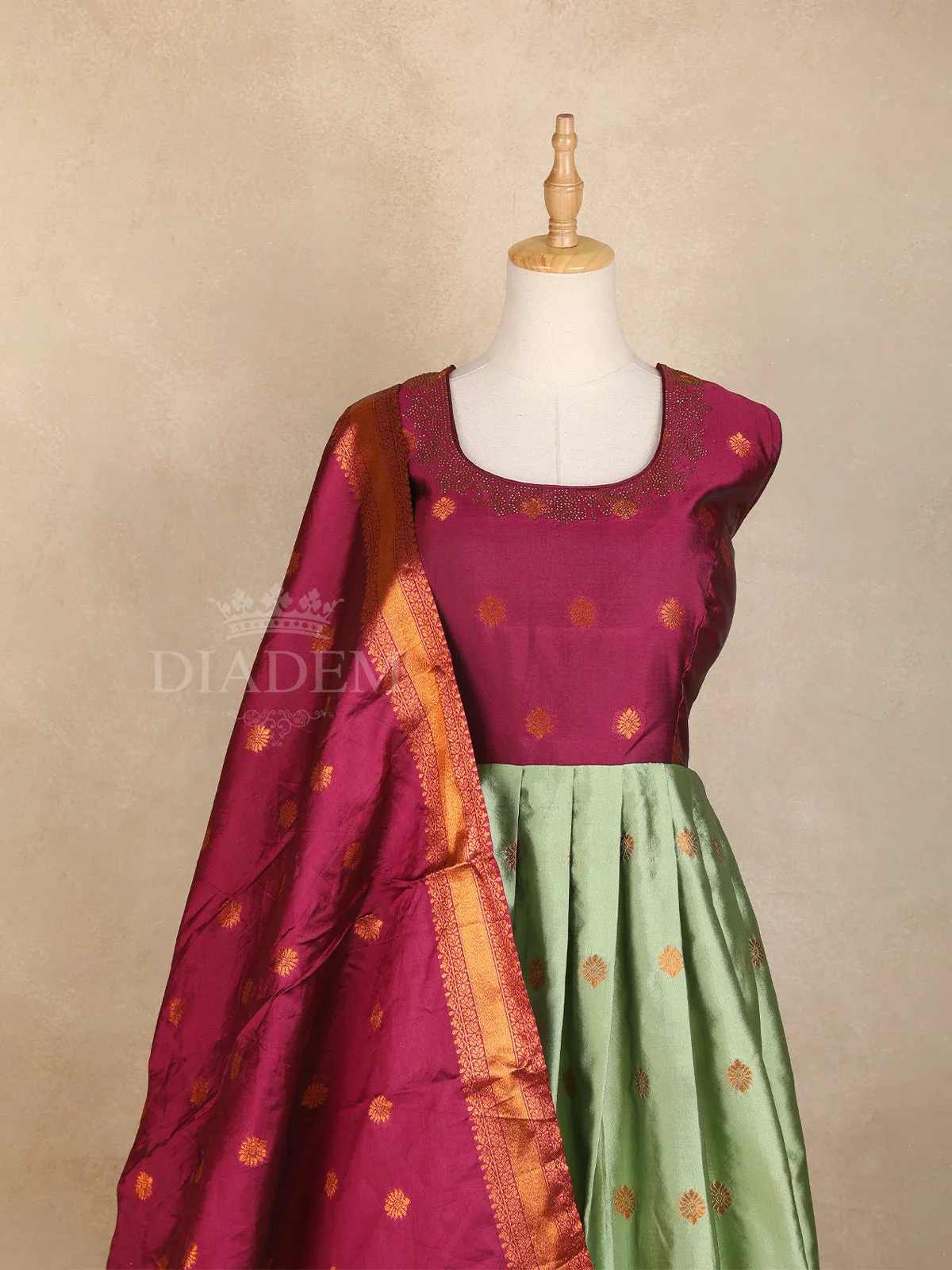 Dark Pink with Green Floral Designs and Embroidery Gown