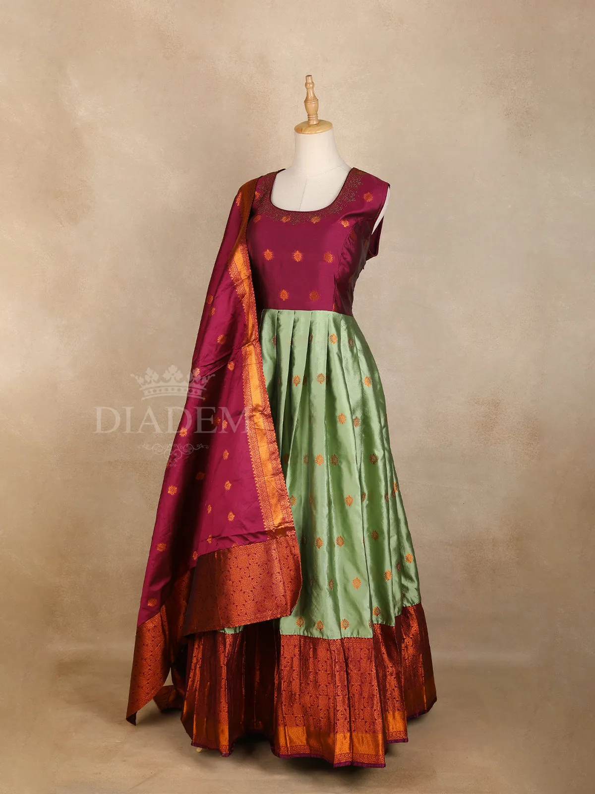 Dark Pink with Green Floral Designs and Embroidery Gown