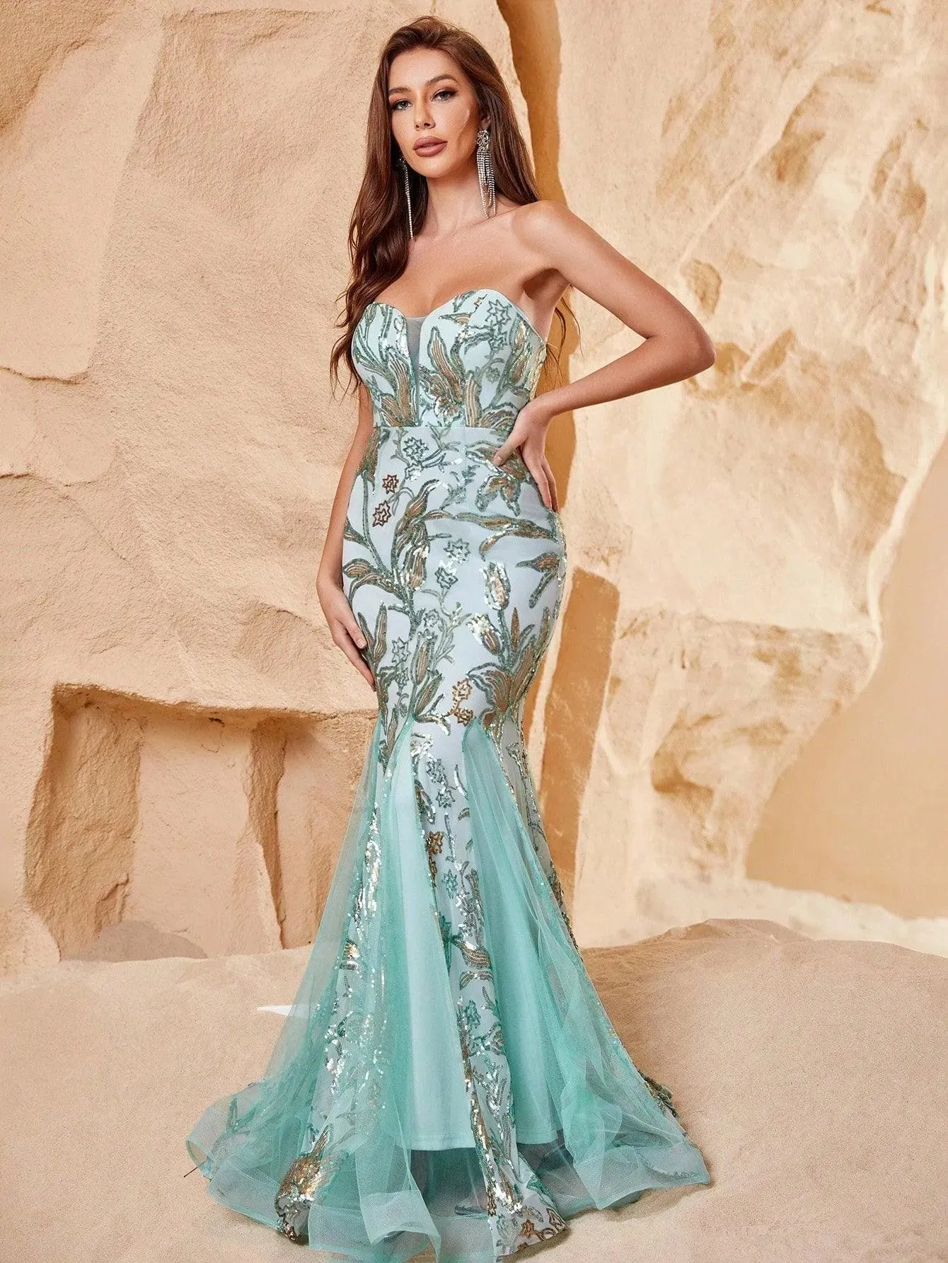 Elegant Mesh Insert Sequin Mermaid Hem Tube Dress