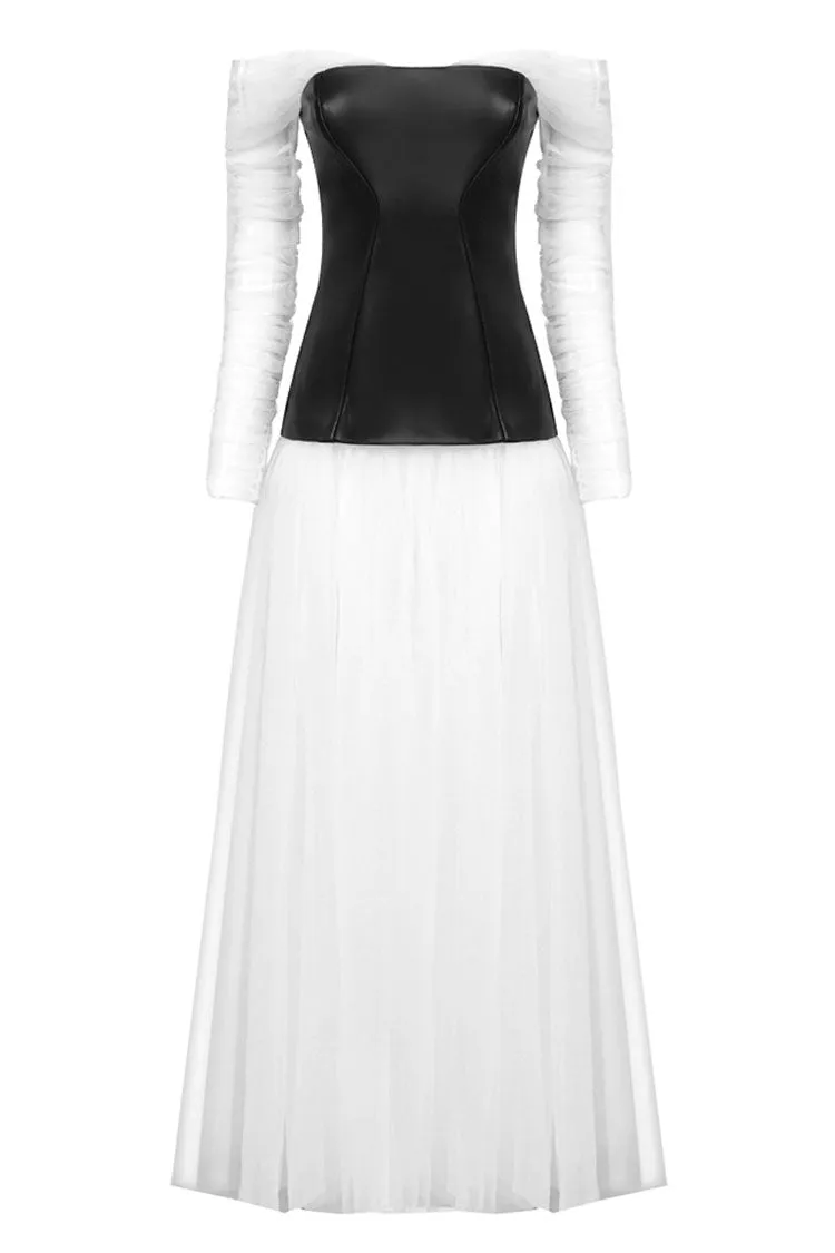 Fairy Off Shoulder Black and White Faux Leather Tulle Evening Maxi Dress - White