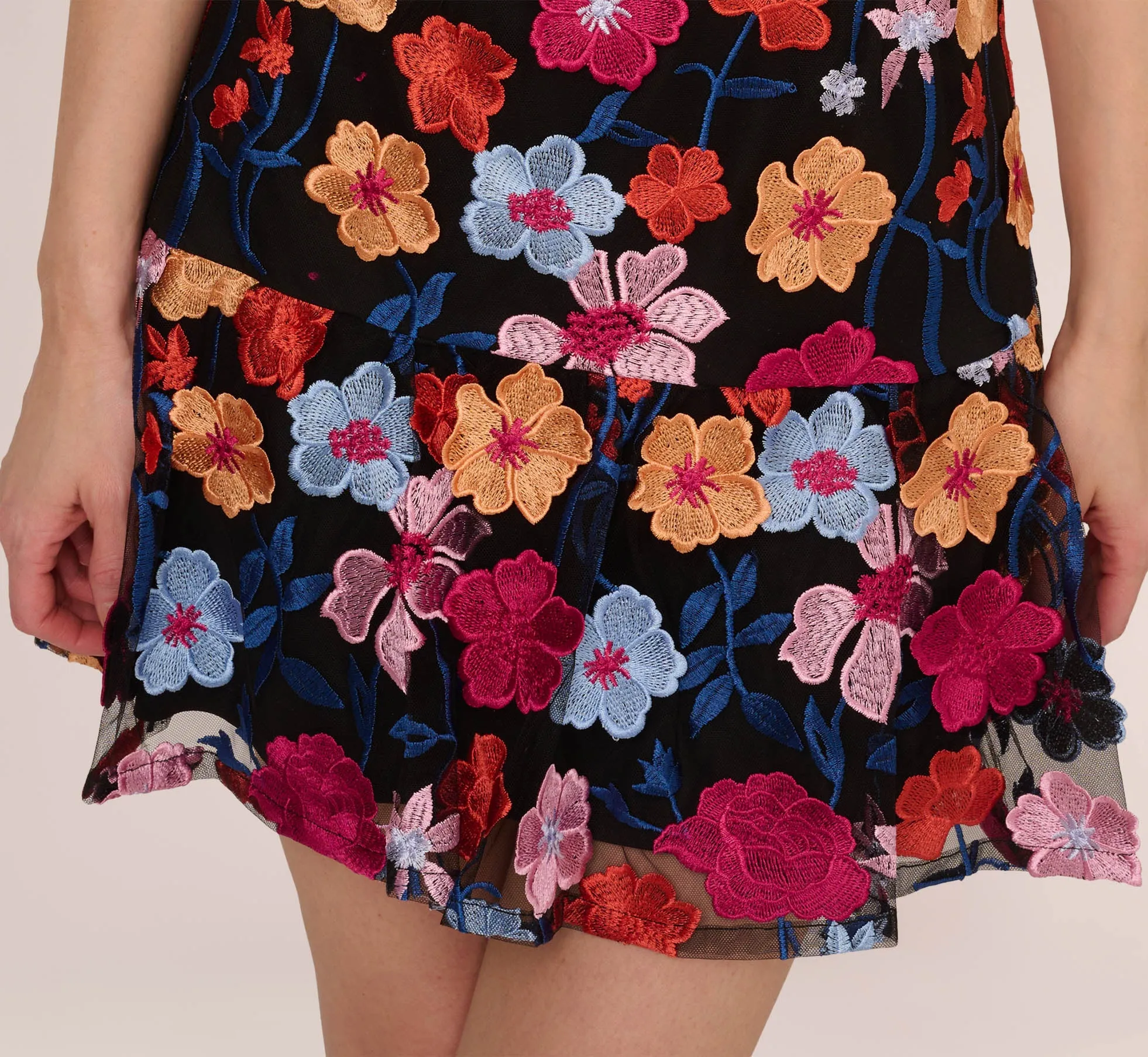 Floral Embroidered Flounce Dress With Sheer Short Sleeves In Black Multi