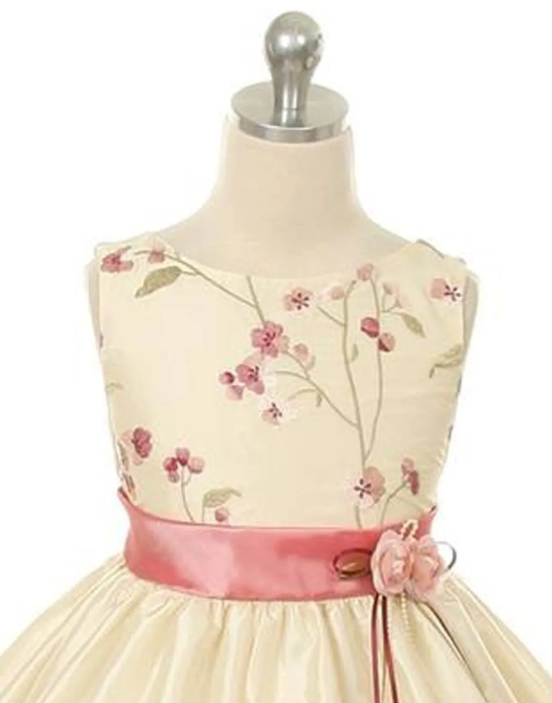 Floral Patterned Bodice and Satin Skirt Dress - Ivory