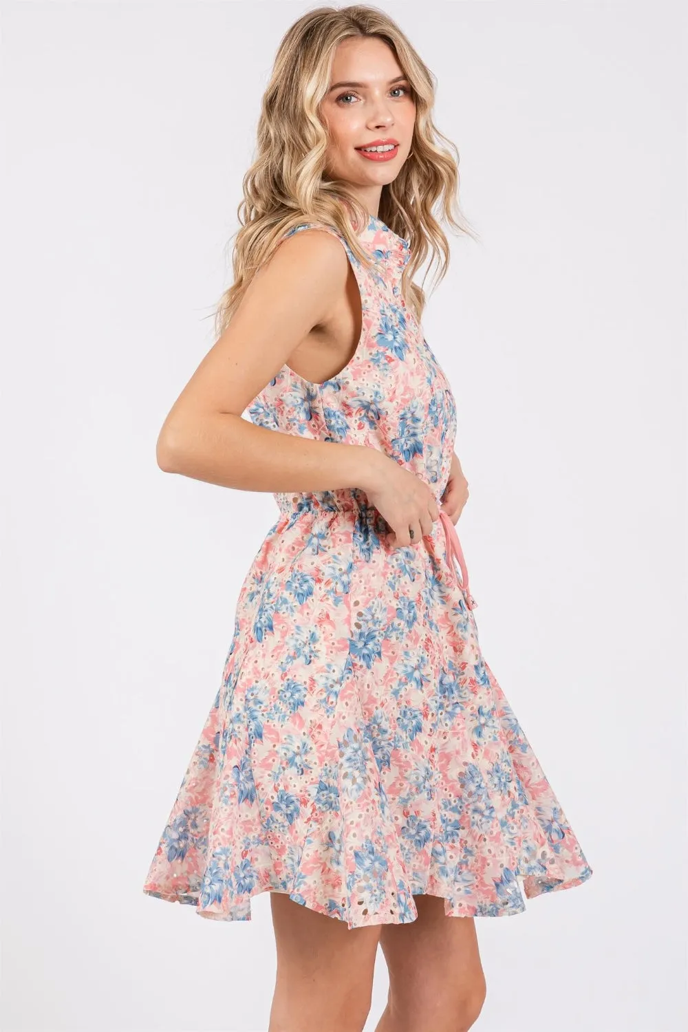 Full Size Floral Eyelet Sleeveless Mini Dress