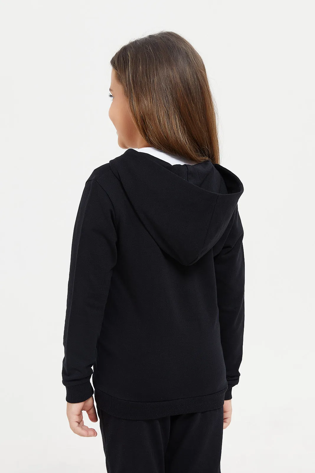 Girls Black Hooded Sweatshirt With Pocket And Zipper