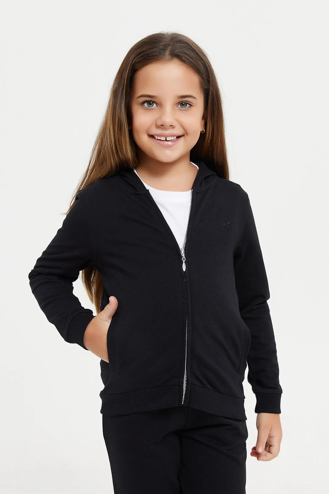 Girls Black Hooded Sweatshirt With Pocket And Zipper