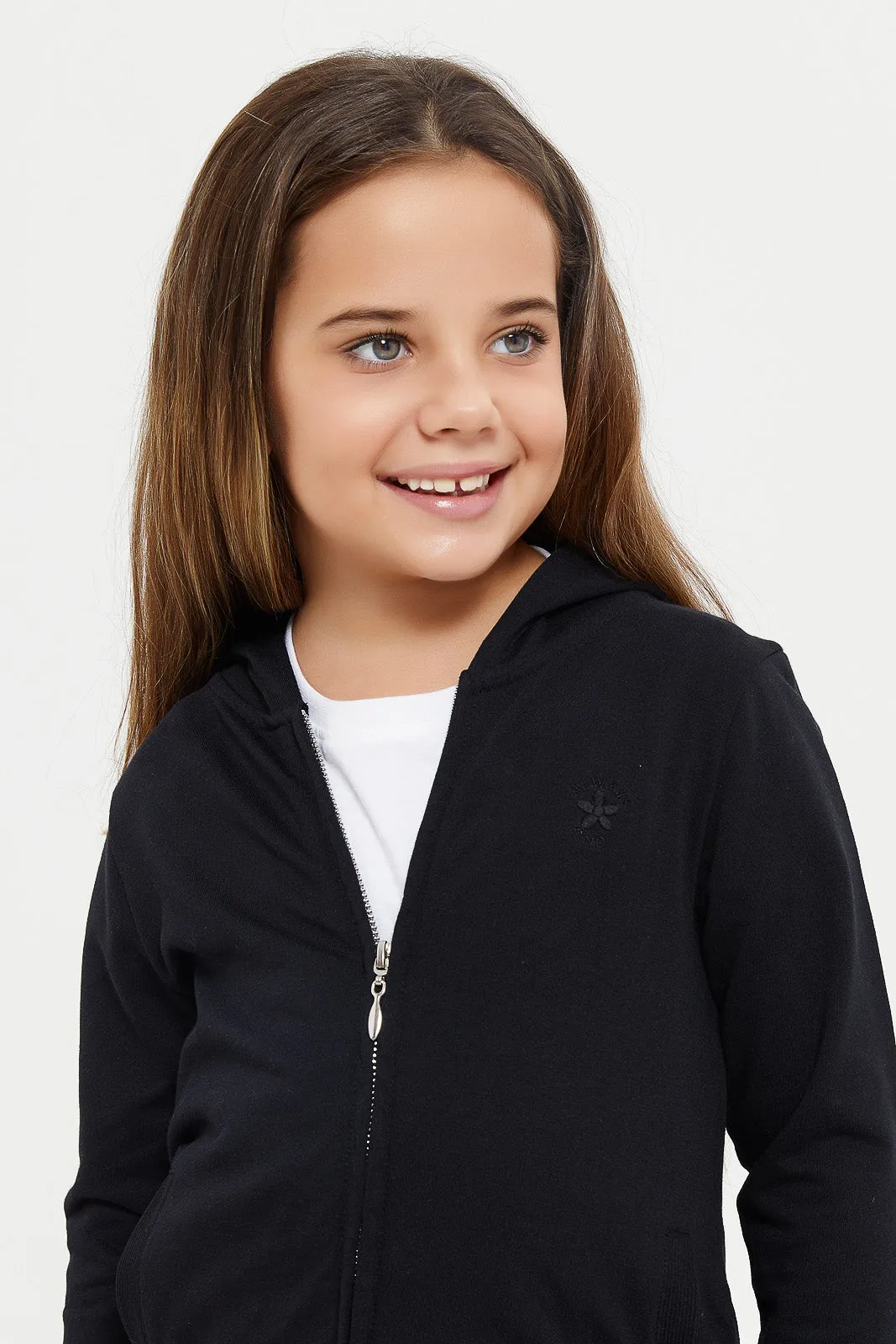 Girls Black Hooded Sweatshirt With Pocket And Zipper