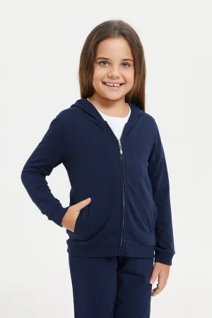 Girls Navy Hooded Sweatshirt With Pocket And Zipper