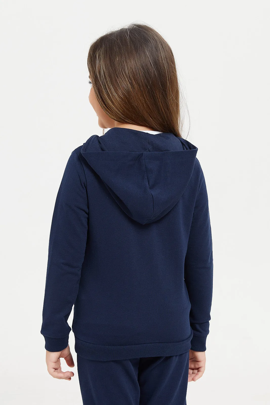 Girls Navy Hooded Sweatshirt With Pocket And Zipper