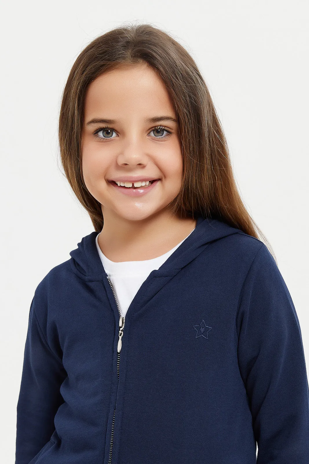 Girls Navy Hooded Sweatshirt With Pocket And Zipper