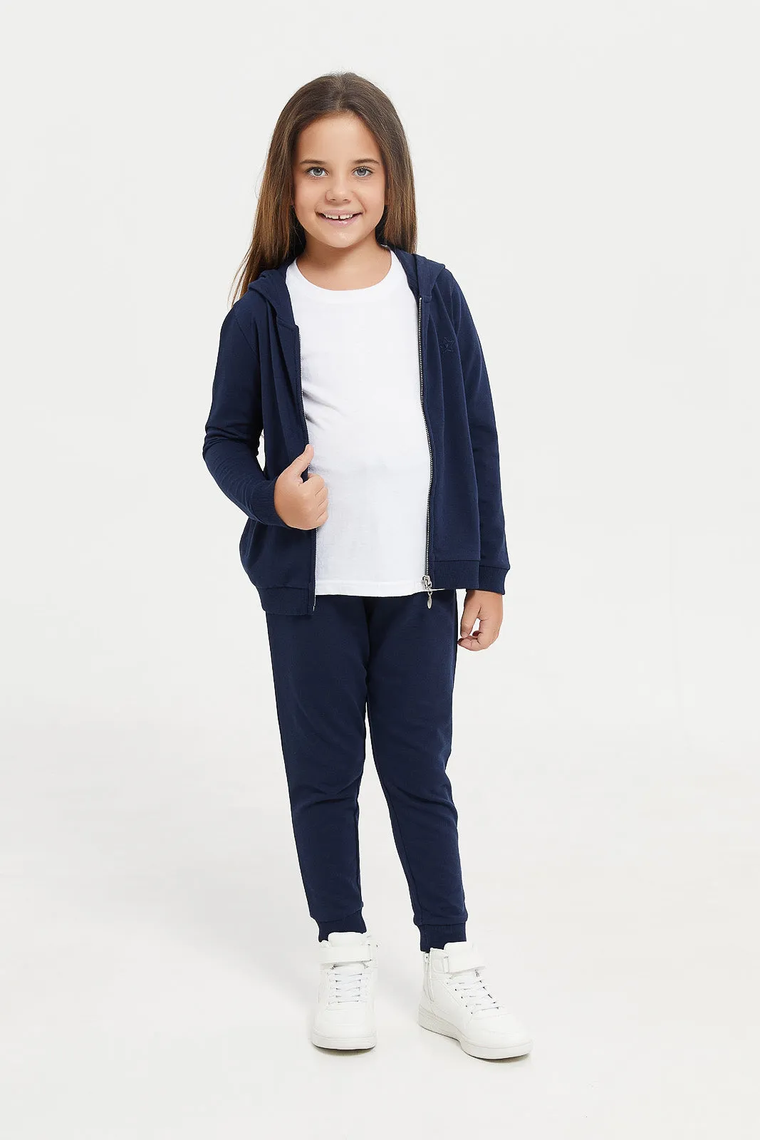 Girls Navy Hooded Sweatshirt With Pocket And Zipper