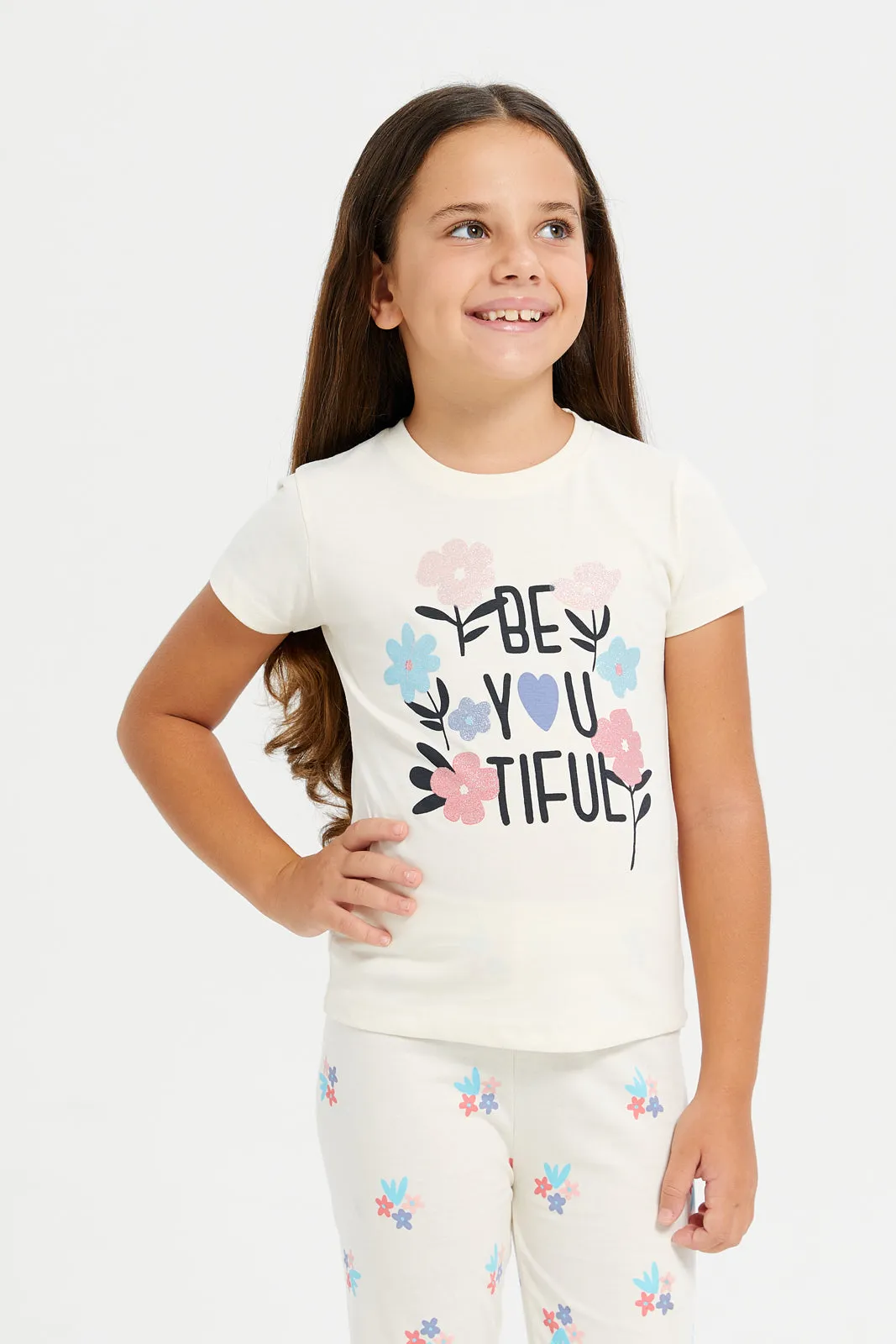 Girls White Be Youthful Print Pyjama Set (2 Piece)