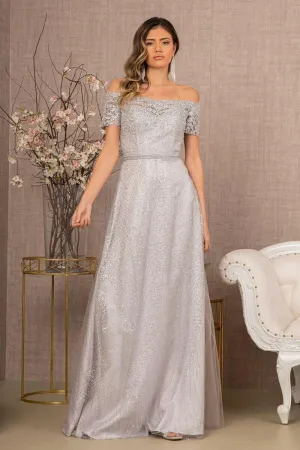 Glitter Print Mesh Cut-Away Shoulder A-Line Long Mother Of The Bride Dress GLGL2942 Sale