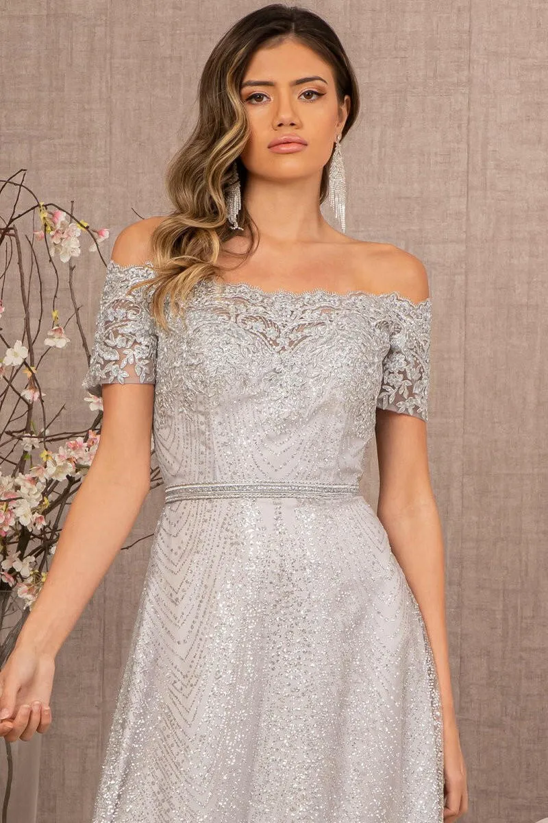 Glitter Print Mesh Cut-Away Shoulder A-Line Long Mother Of The Bride Dress GLGL2942 Sale