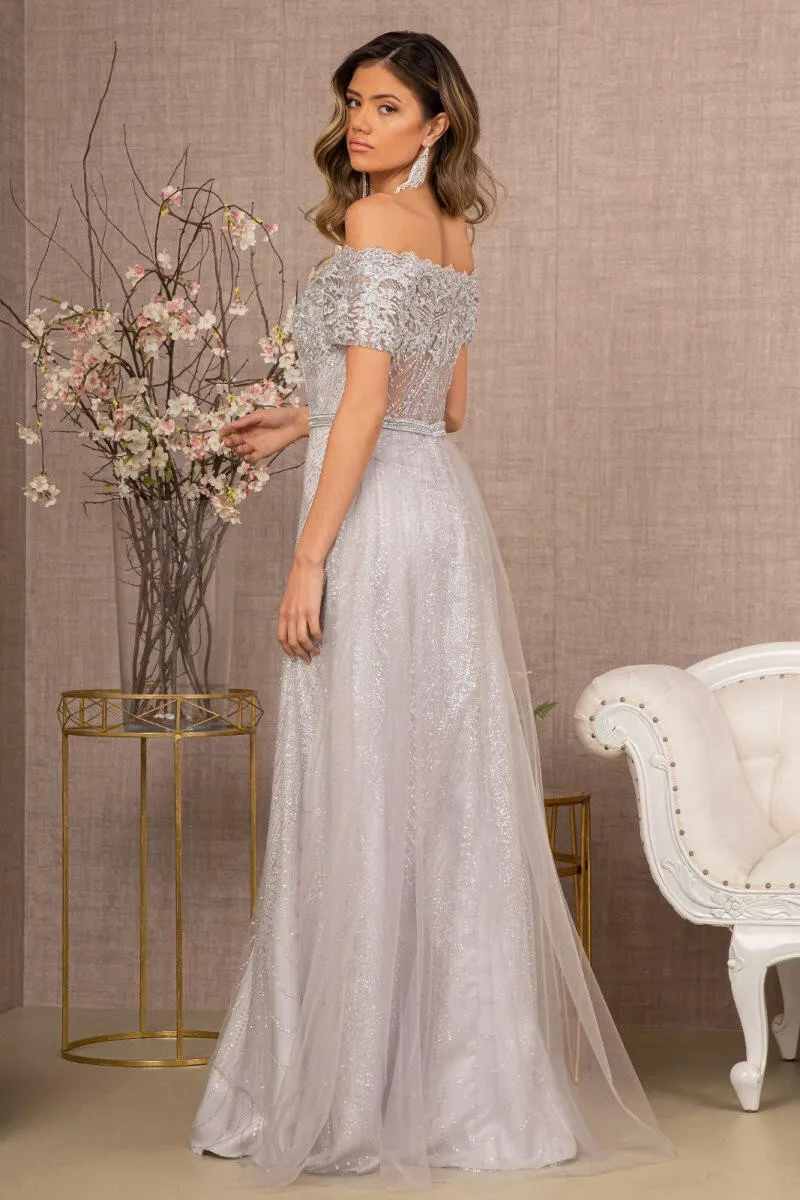 Glitter Print Mesh Cut-Away Shoulder A-Line Long Mother Of The Bride Dress GLGL2942 Sale