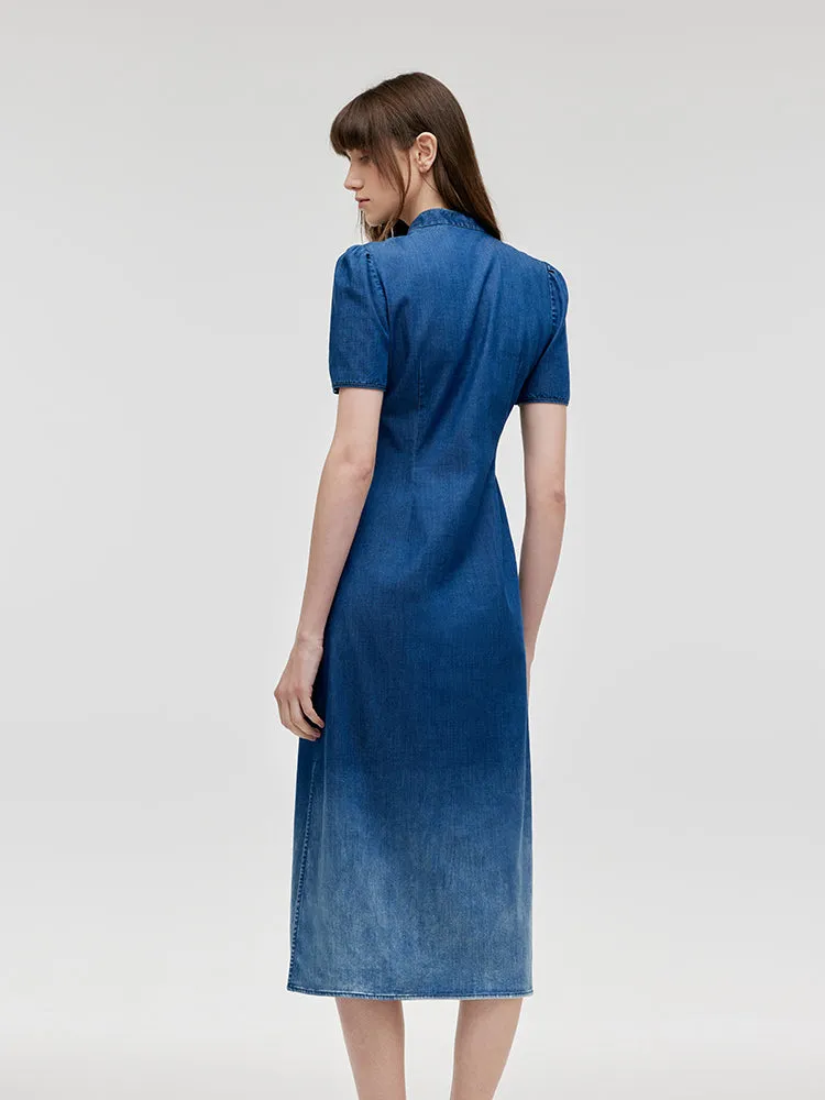 Gradient Denim Women Qipao Midi Dress