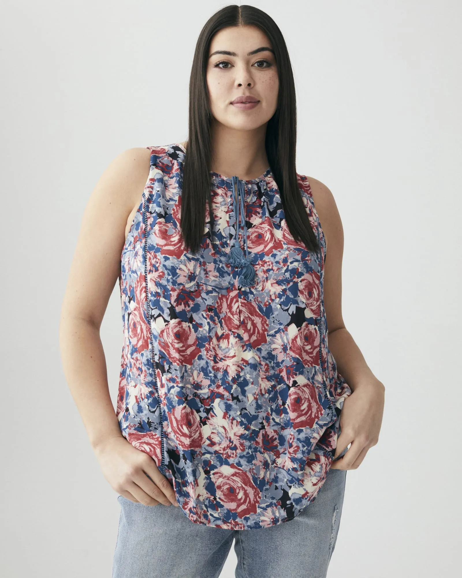 Gwenda Boho Floral Print Sleeveless Top | Azure Blue / Pink