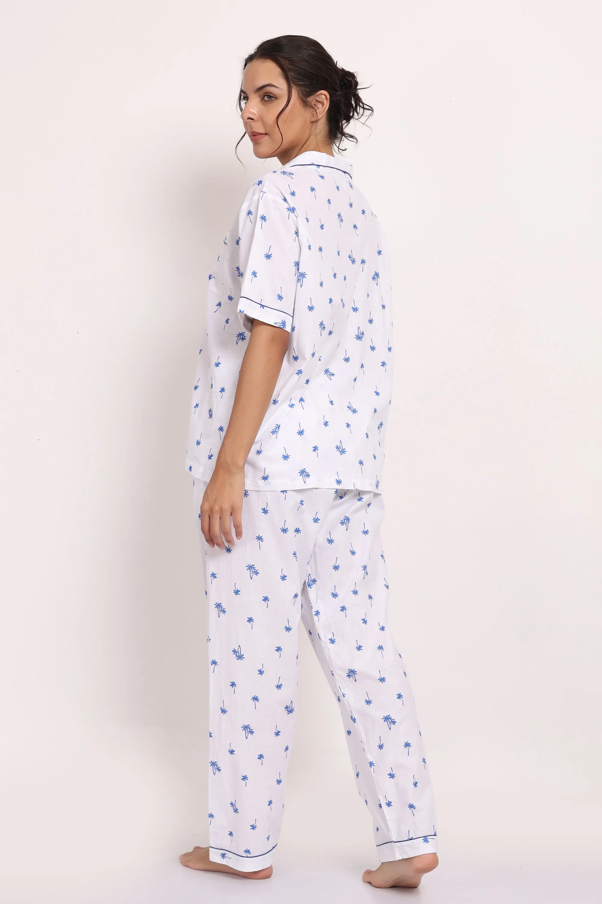 Hamptons Shortsleeve Long PJ Set Navy Palm Print