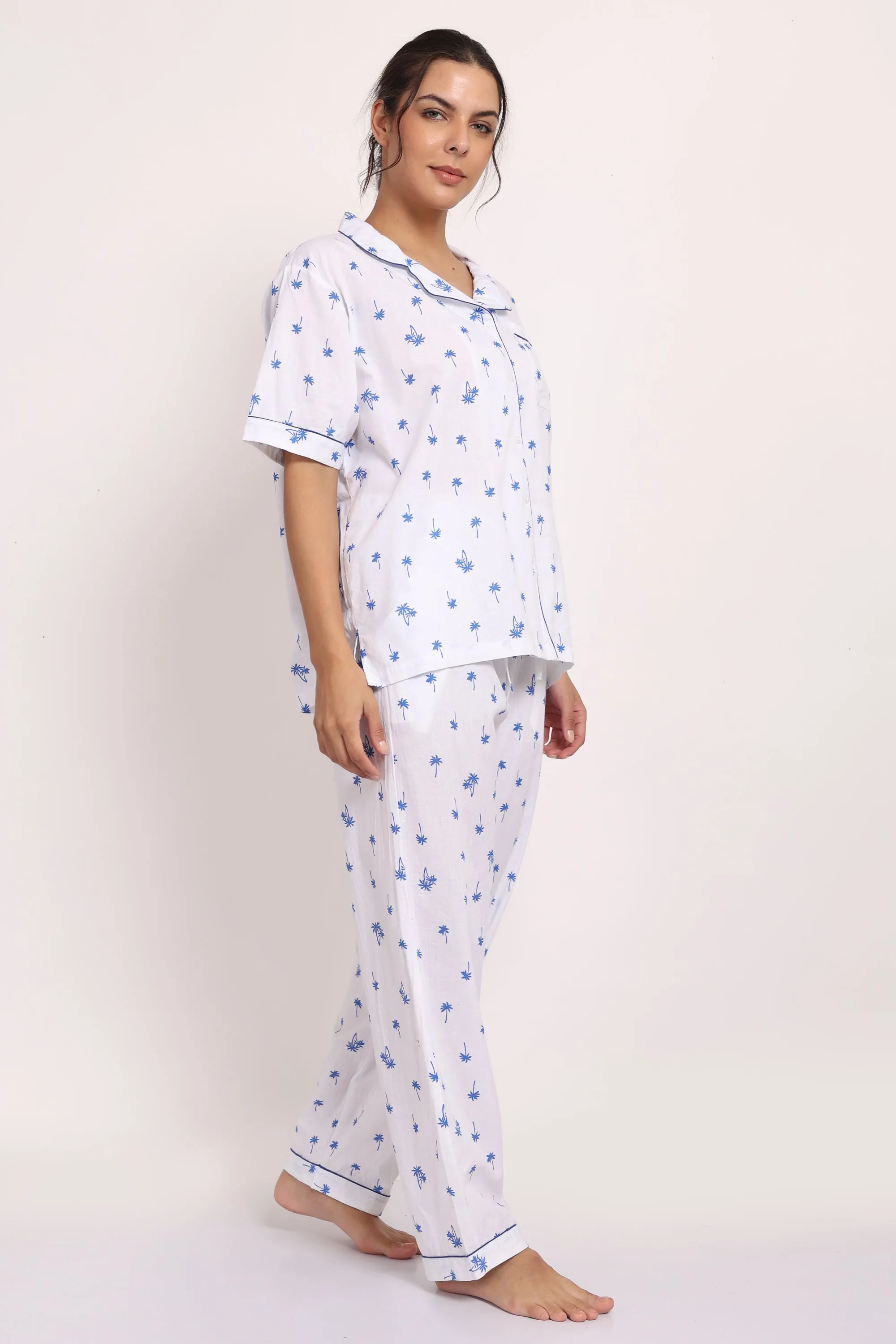 Hamptons Shortsleeve Long PJ Set Navy Palm Print