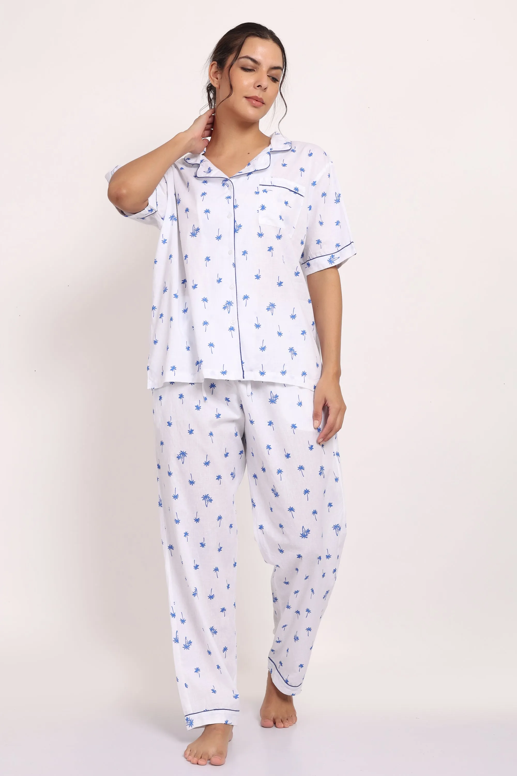 Hamptons Shortsleeve Long PJ Set Navy Palm Print