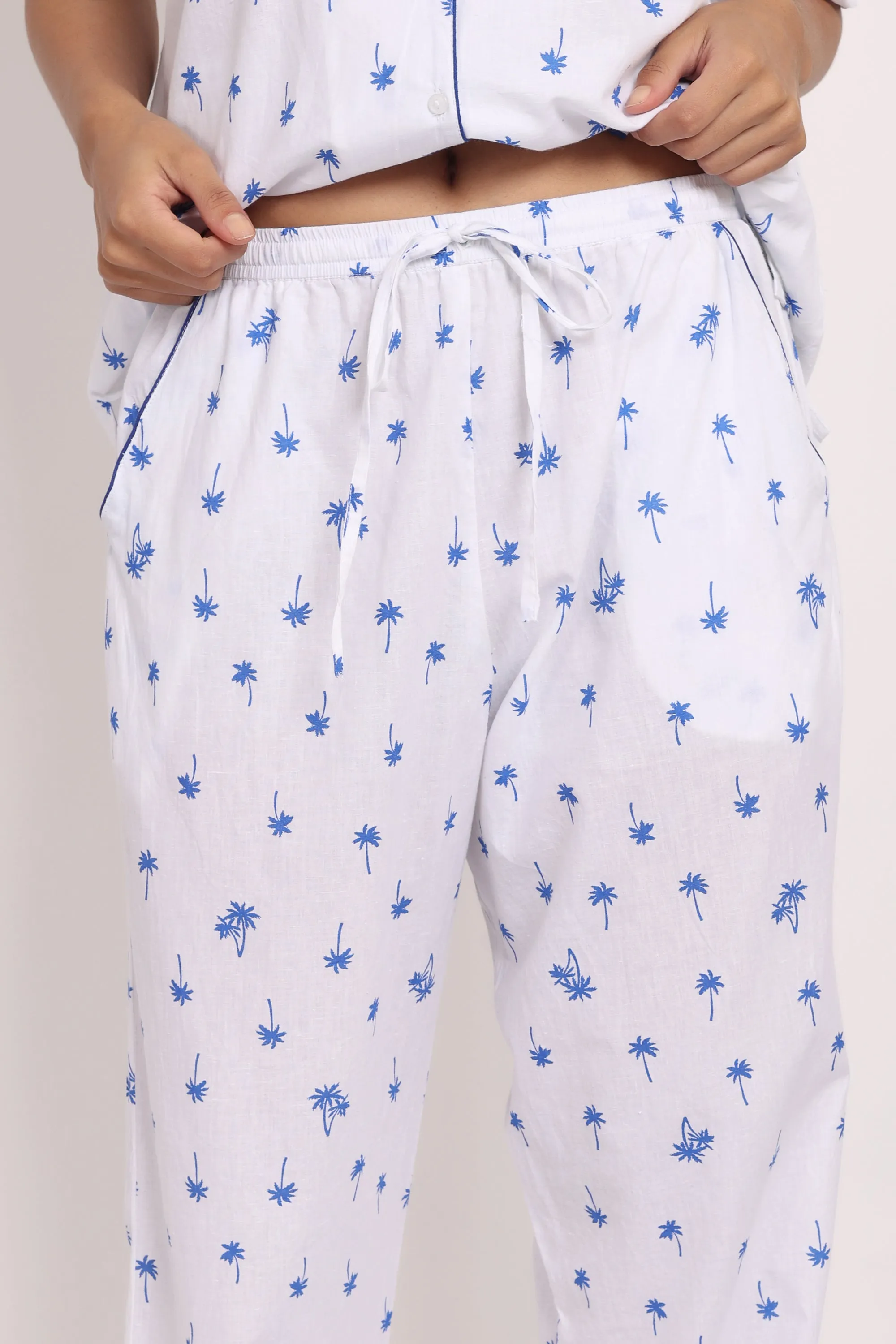 Hamptons Shortsleeve Long PJ Set Navy Palm Print