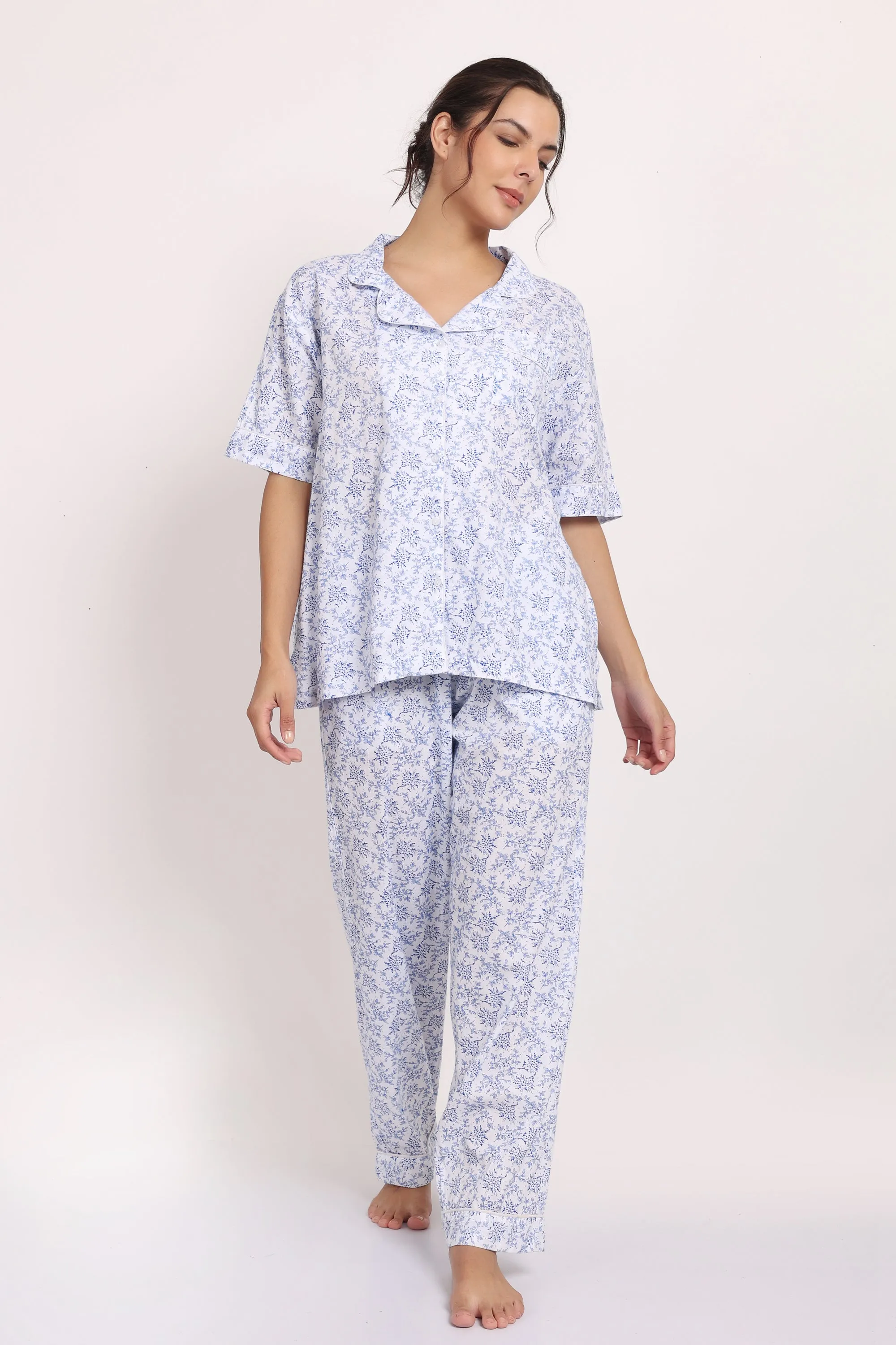 Hamptons Shortsleeve Long PJ Set White/Navy Floral