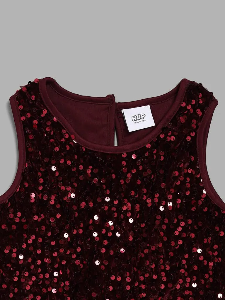 HOP Kids Maroon Sequence Embellished Dress