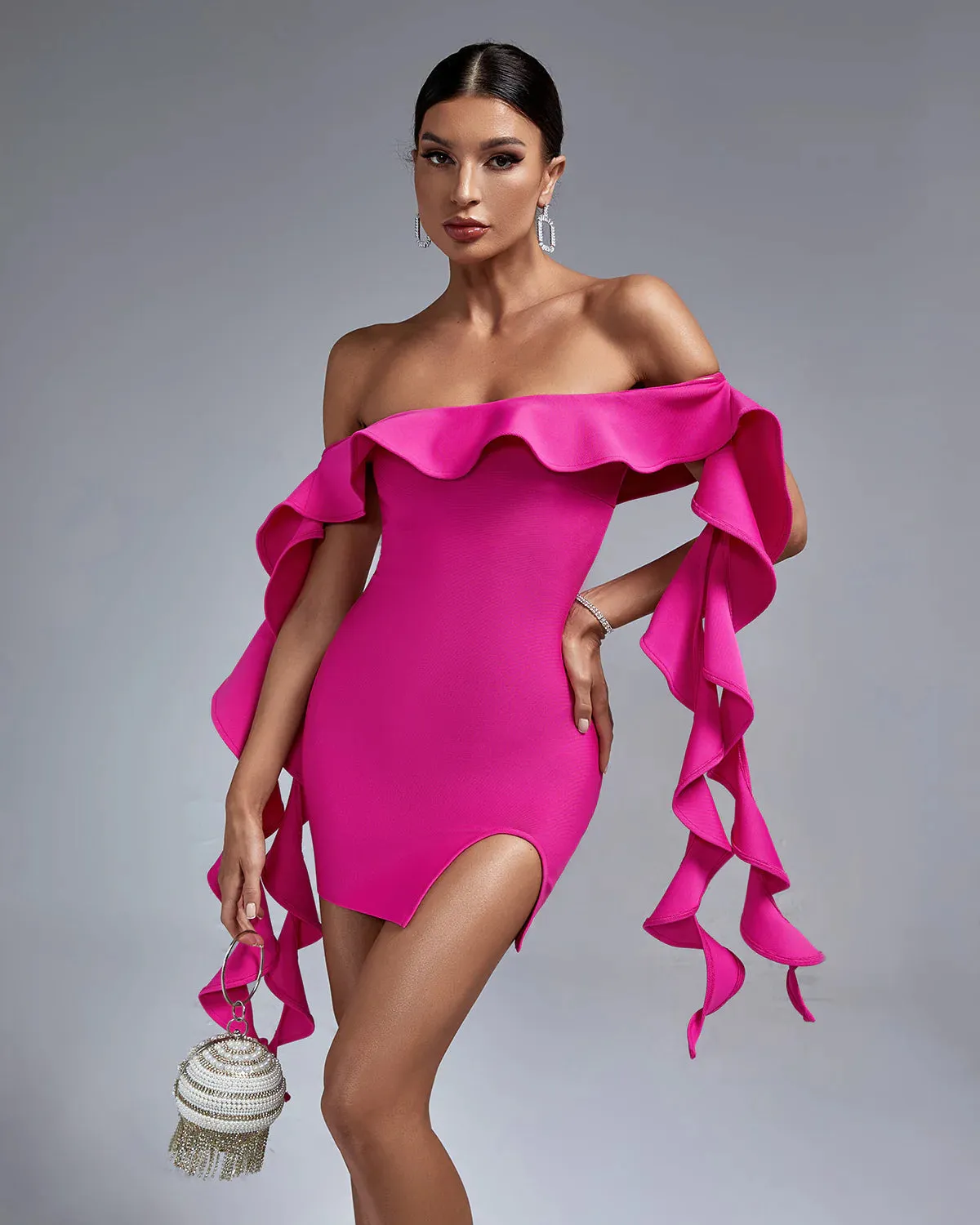 LIA Off Shoulder Ruffle Mini Bandage Dress