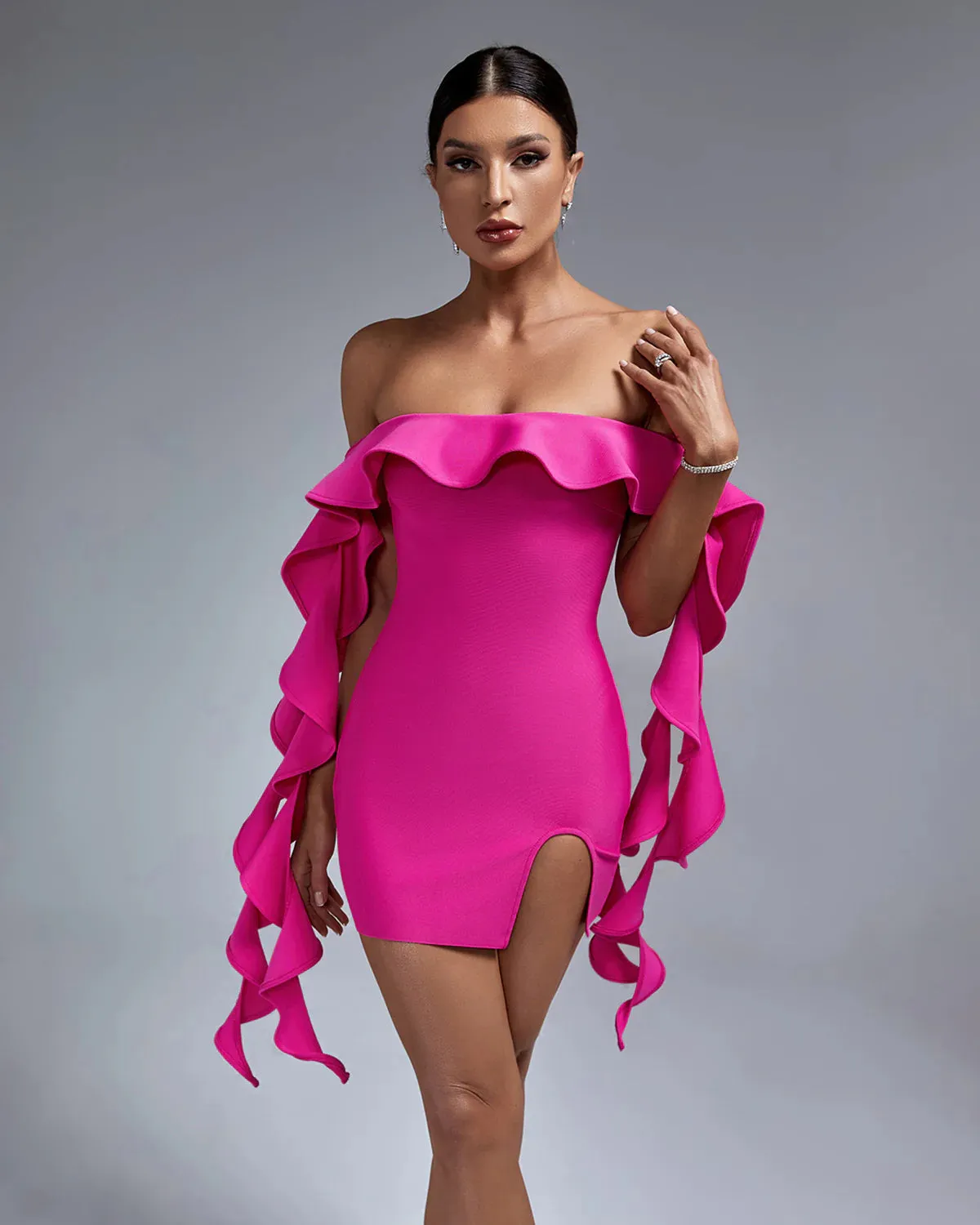 LIA Off Shoulder Ruffle Mini Bandage Dress