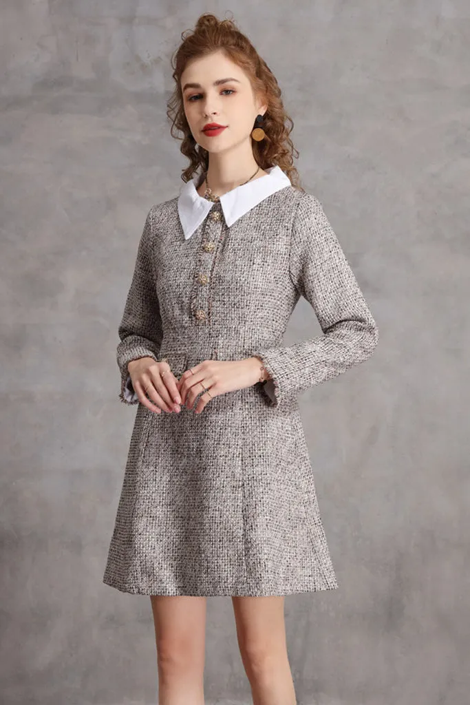 Long Sleeve Button Front Tweed A-line Dress